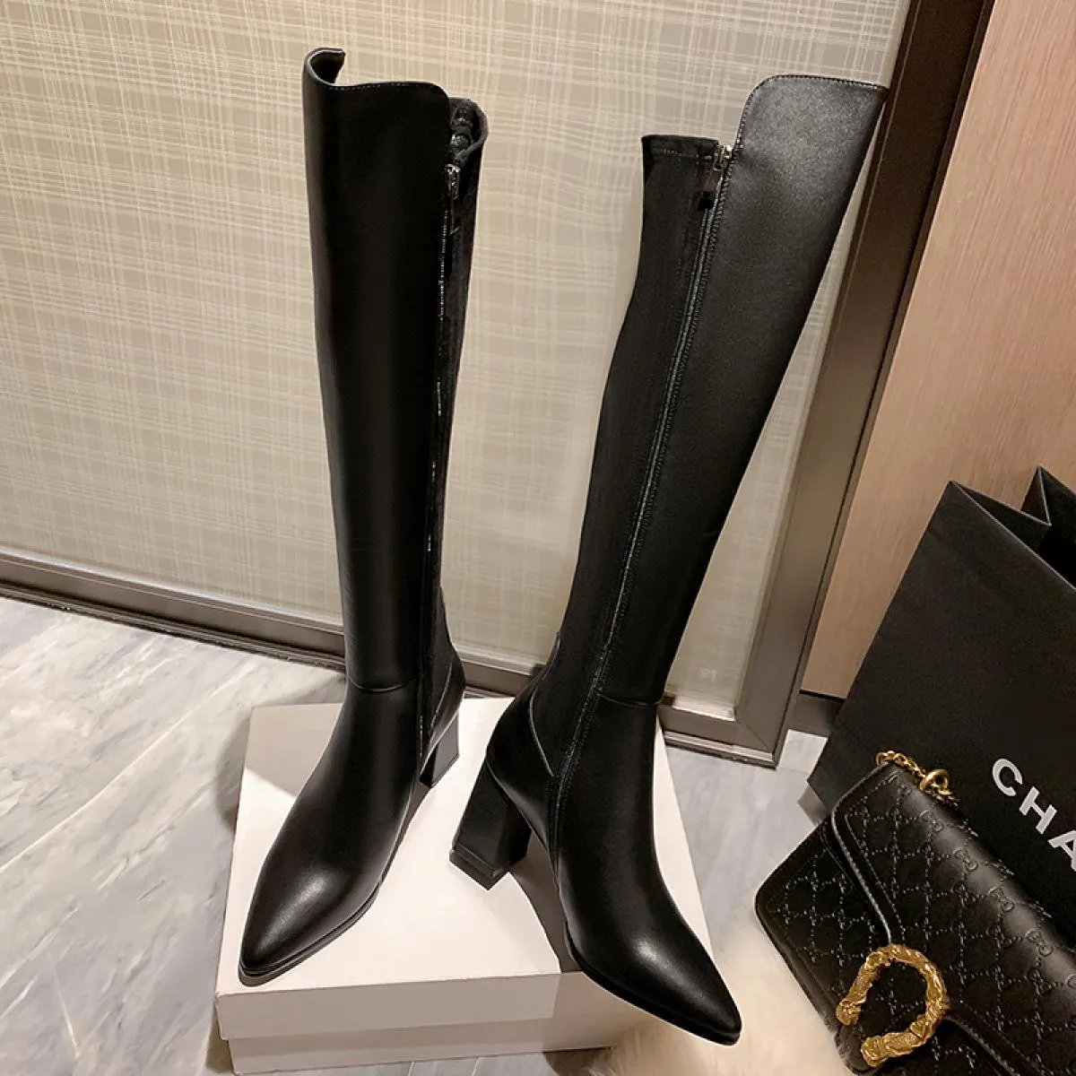 2023 nuove donne in vera pelle stivali alti al ginocchio stivali elasticizzati con tacco spesso scarpe autunno inverno donna pun
