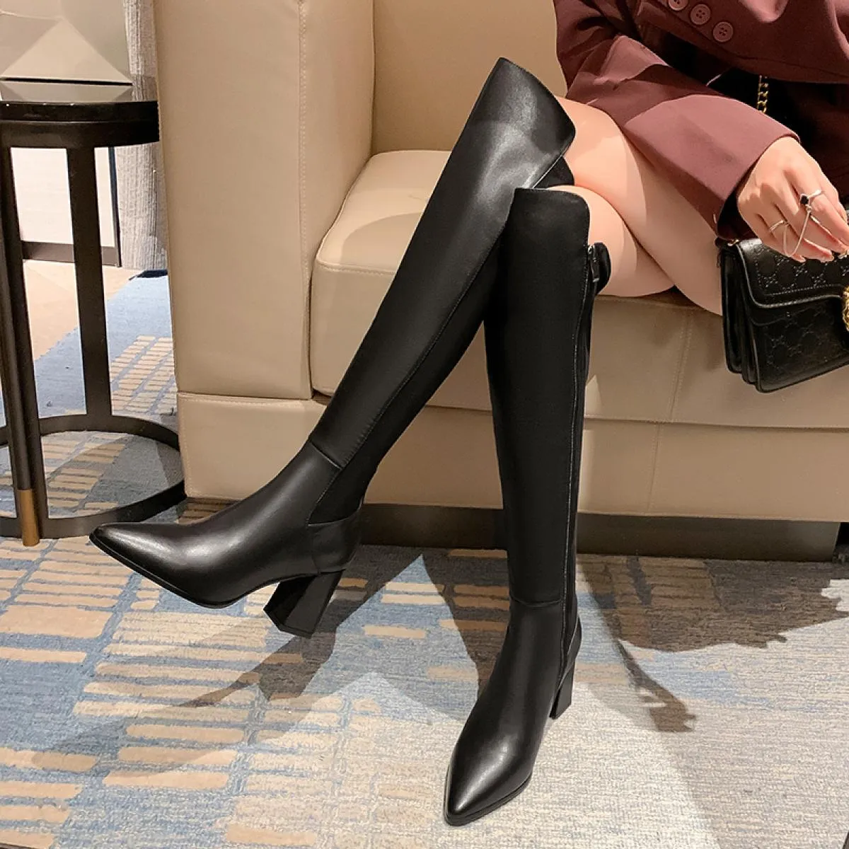 2023 nuove donne in vera pelle stivali alti al ginocchio stivali elasticizzati con tacco spesso scarpe autunno inverno donna pun