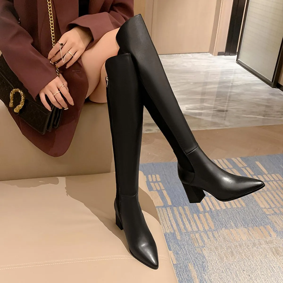 2023 nuove donne in vera pelle stivali alti al ginocchio stivali elasticizzati con tacco spesso scarpe autunno inverno donna pun