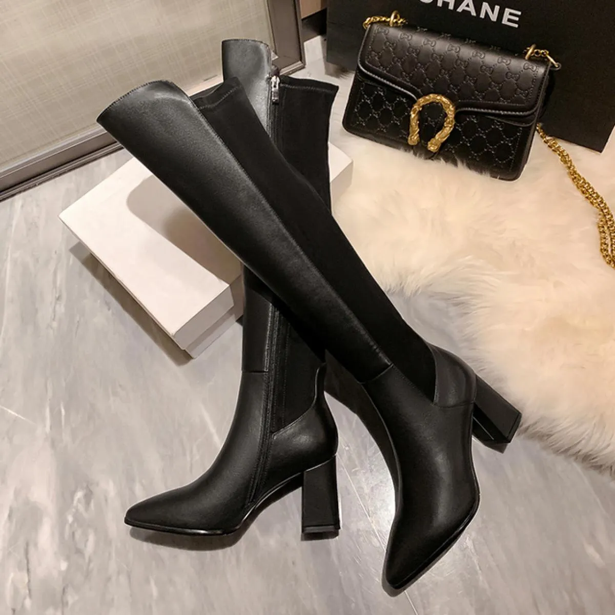 2023 nuove donne in vera pelle stivali alti al ginocchio stivali elasticizzati con tacco spesso scarpe autunno inverno donna pun