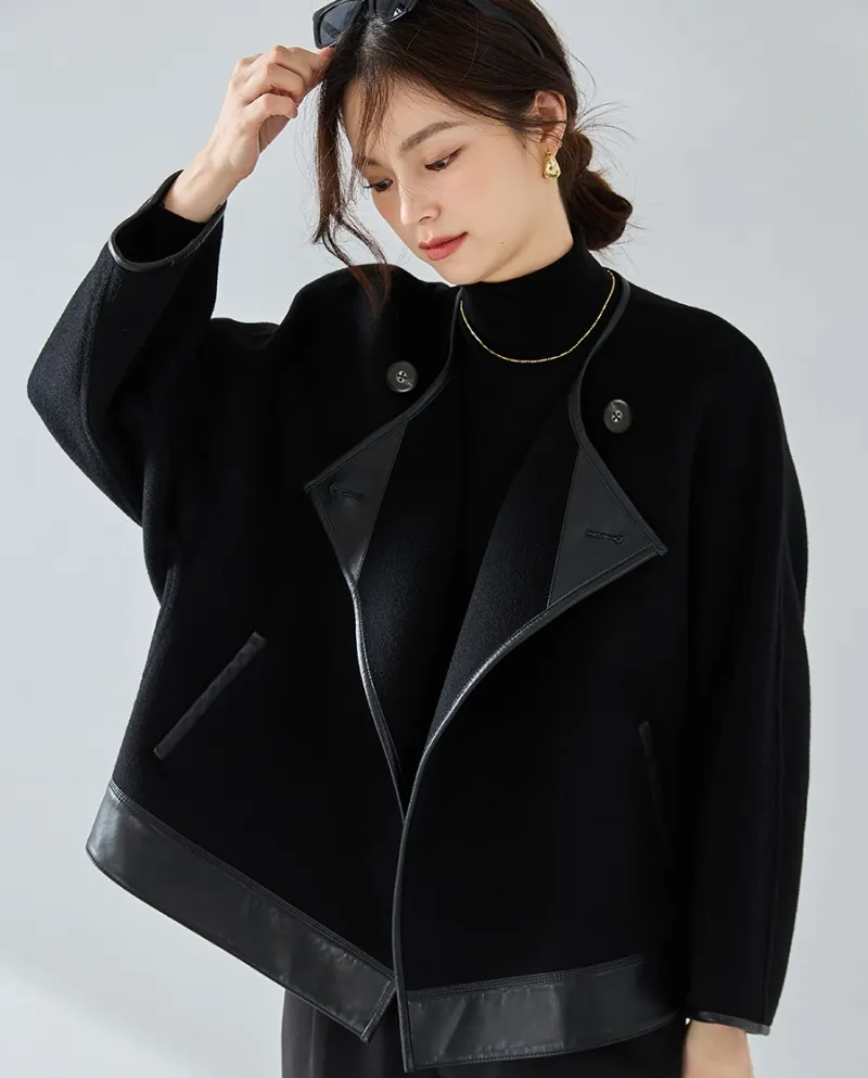 23 Autunno e inverno Nuovo doppio lato in lana con giunture in pelle allentata Silhouette pipistrello manica raglan marrone Capp