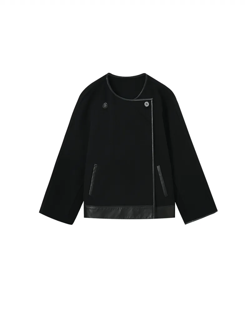 23 Autunno e inverno Nuovo doppio lato in lana con giunture in pelle allentata Silhouette pipistrello manica raglan marrone Capp