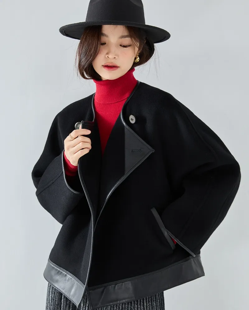 23 Autunno e inverno Nuovo doppio lato in lana con giunture in pelle allentata Silhouette pipistrello manica raglan marrone Capp
