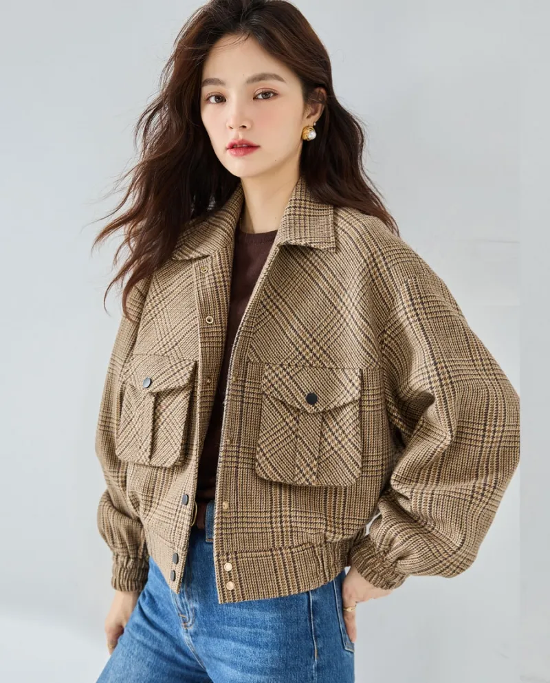 23 Nuovo autunno bel temperamento sartoriale tridimensionale retro plaid piccola giacca alta corta in lana fresca 23058