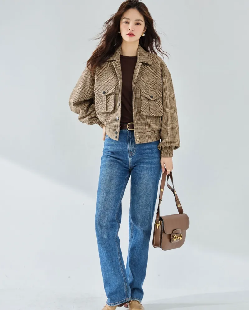 23 Nuovo autunno bel temperamento sartoriale tridimensionale retro plaid piccola giacca alta corta in lana fresca 23058