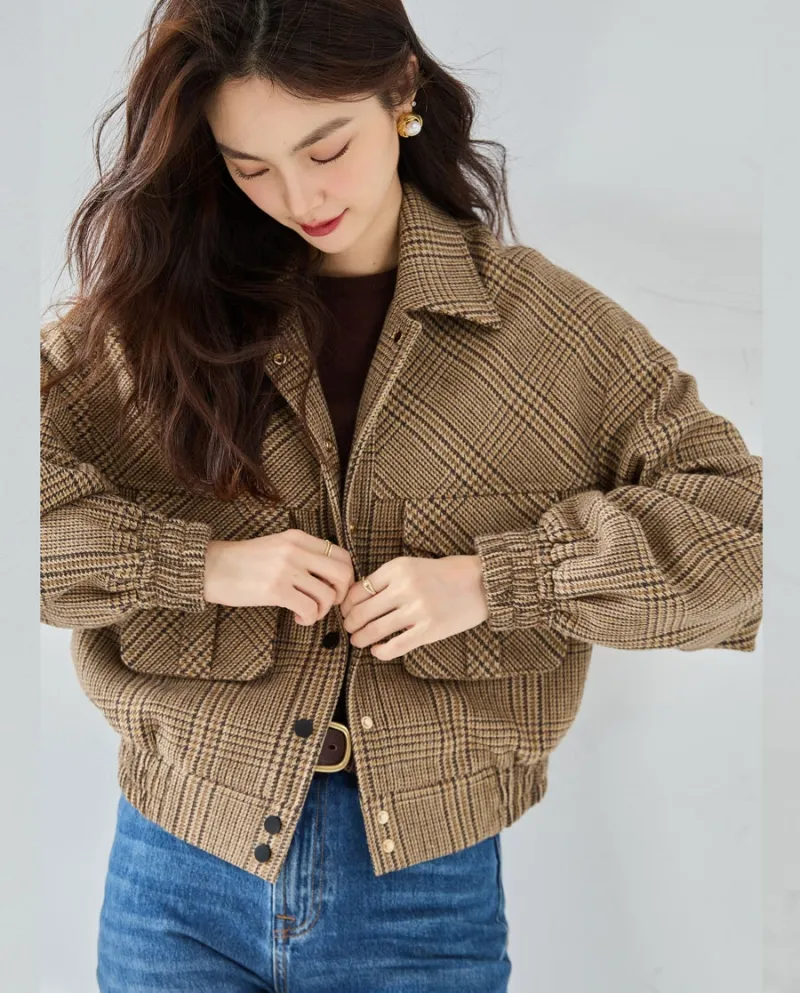23 Nuovo autunno bel temperamento sartoriale tridimensionale retro plaid piccola giacca alta corta in lana fresca 23058