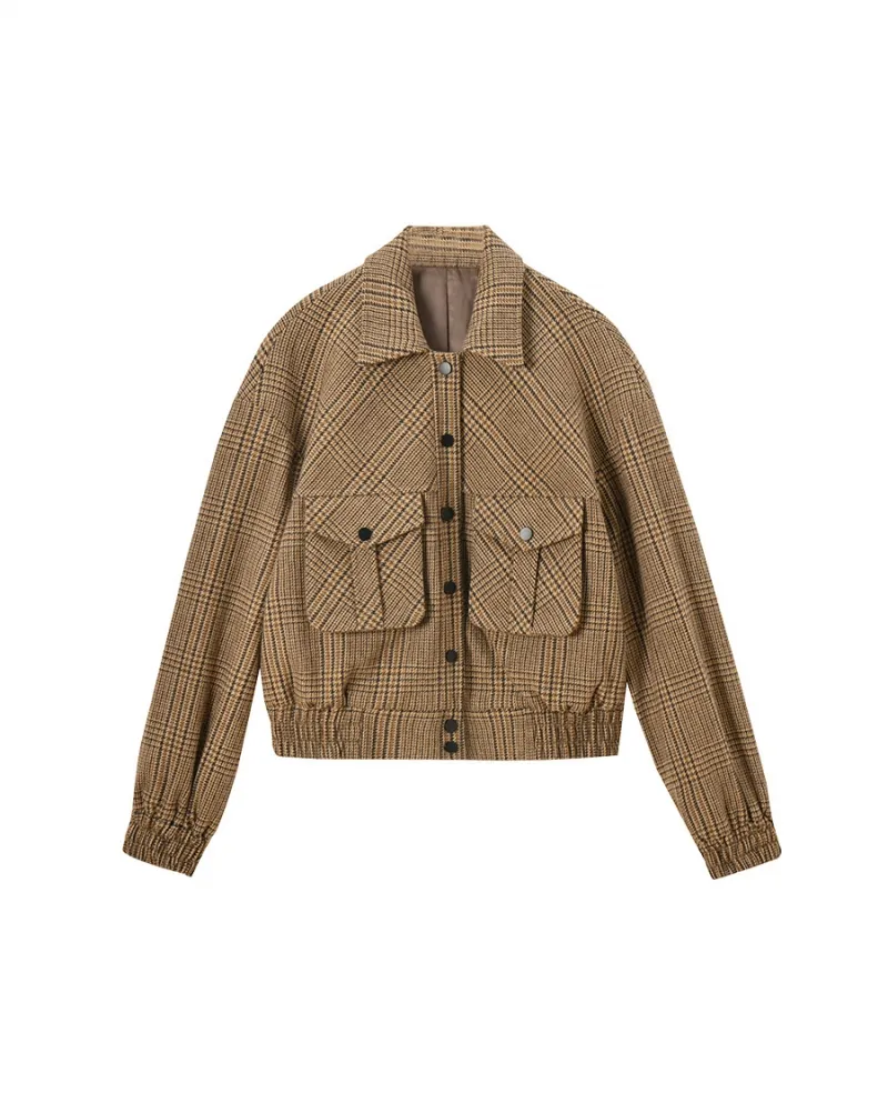 23 Nuovo autunno bel temperamento sartoriale tridimensionale retro plaid piccola giacca alta corta in lana fresca 23058