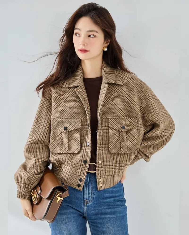 23 Nuovo autunno bel temperamento sartoriale tridimensionale retro plaid piccola giacca alta corta in lana fresca 23058