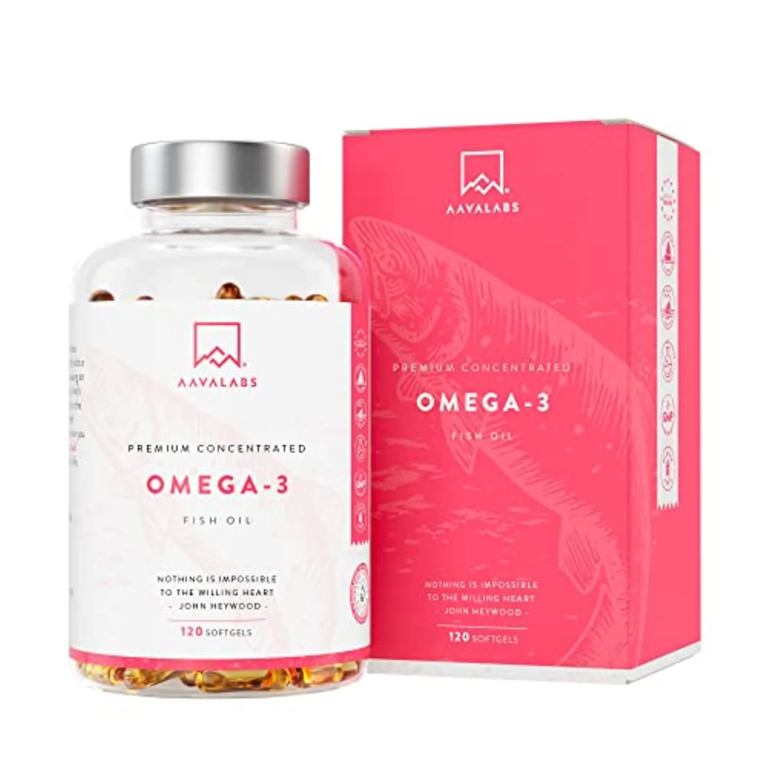 AAVALABS Olio di pesce con Omega 3 2000mg - Elevata Potenza - Fonte di Acidi Grassi - 1000 mg di EPA - 500 mg di DHA per dose gi
