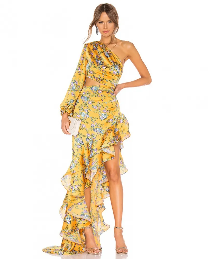 Abbigliamento donna moda borsa sottile gonna anca abito con volant irregolare floreale a spalla inclinata