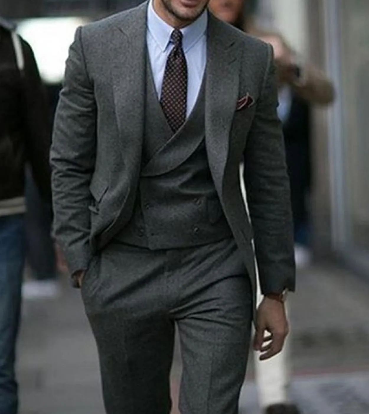 Abiti da uomo in lana di tweed grigio per matrimonio con risvolto a punta 3 pezzi smoking da sposo personalizzato set giacca gil