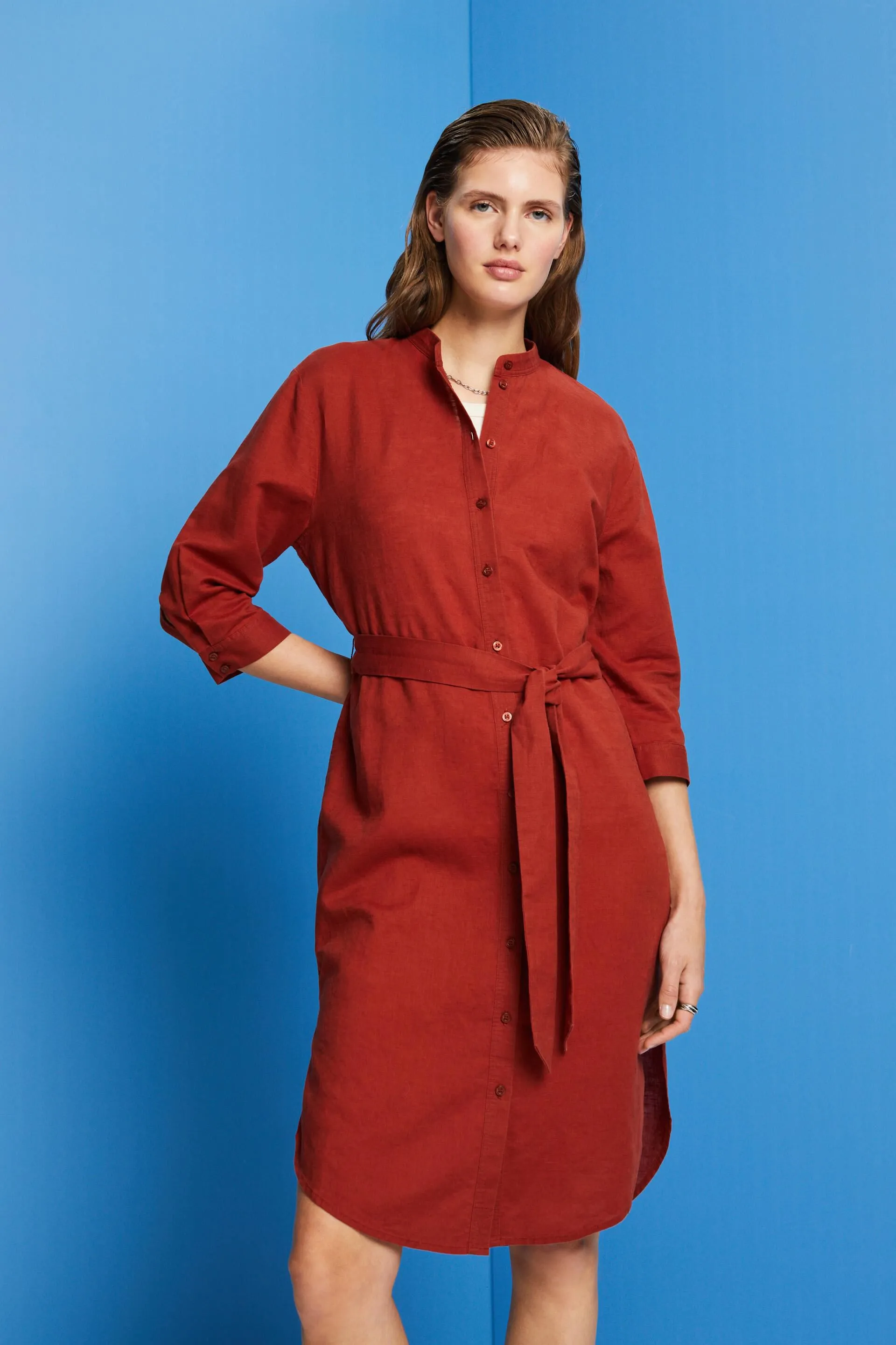 Abito camicia con cintura, misto lino e cotone