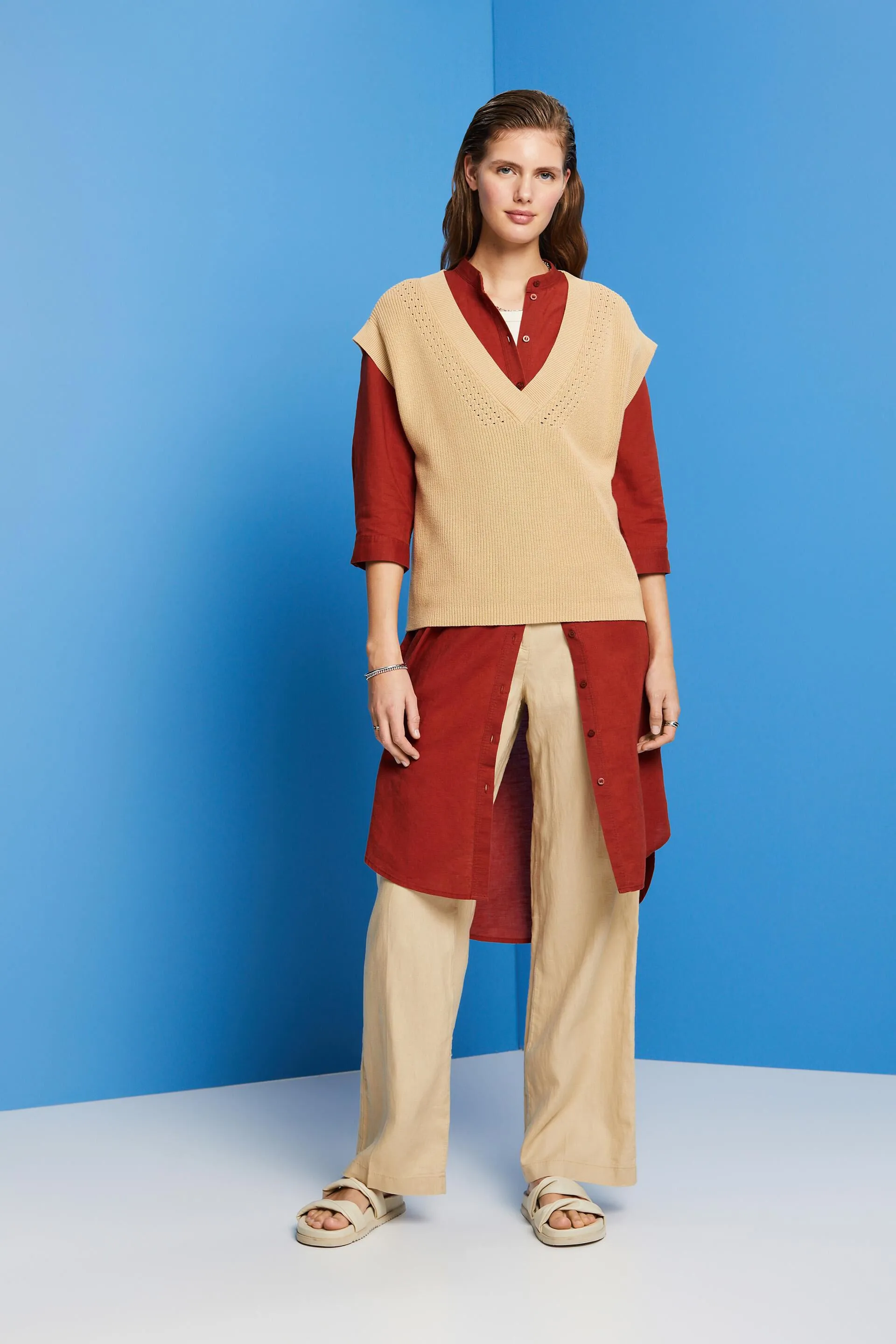 Abito camicia con cintura, misto lino e cotone