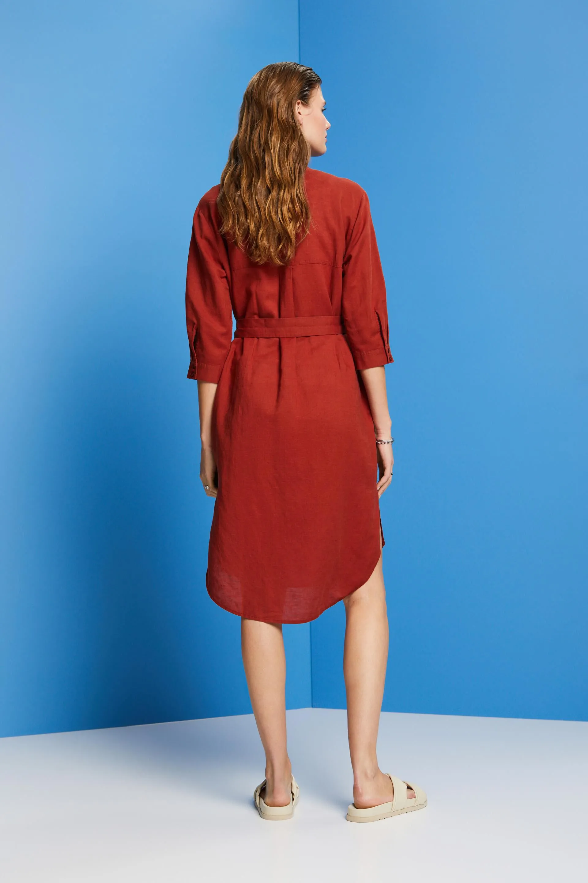 Abito camicia con cintura, misto lino e cotone