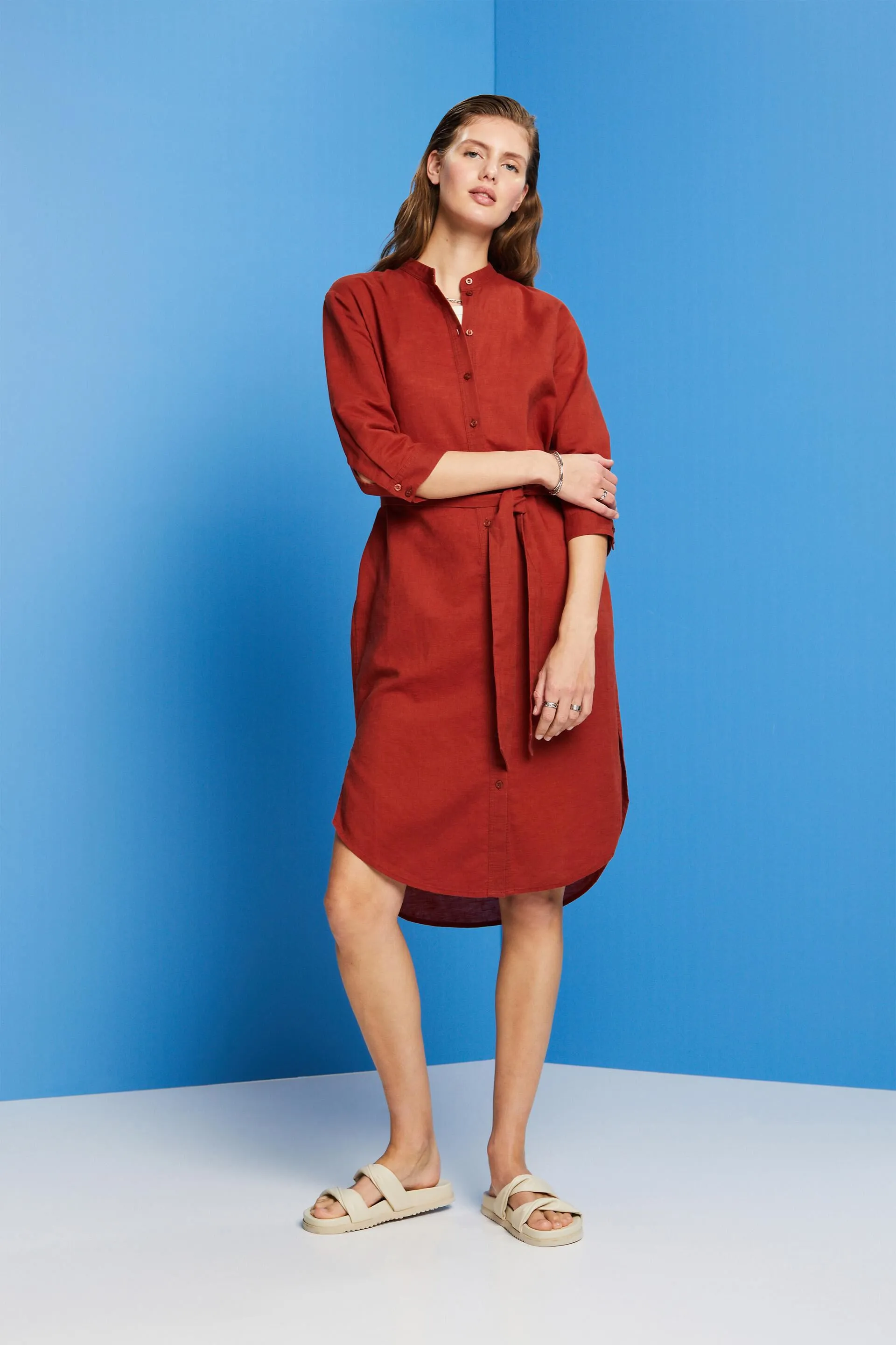 Abito camicia con cintura, misto lino e cotone
