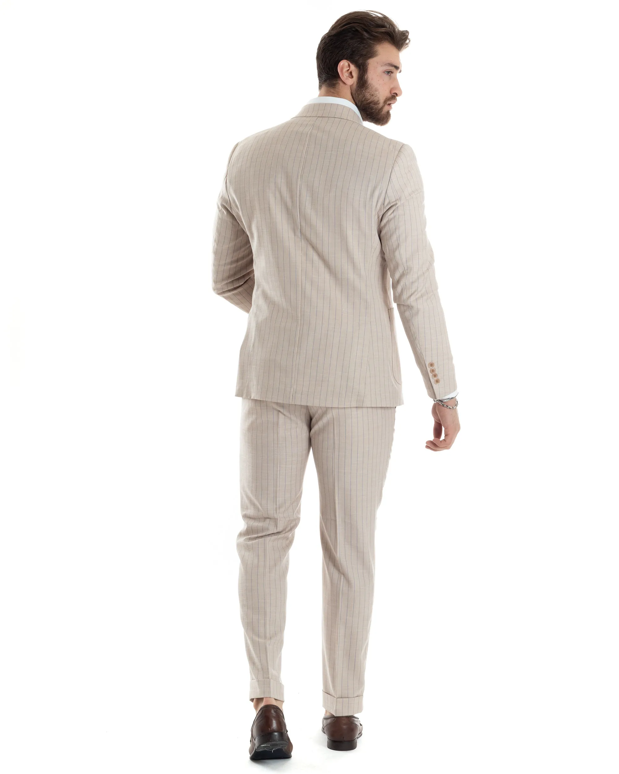 Abito Uomo Doppiopetto Vestito Completo Giacca Pantaloni Beige Gessato Elegante Casual GIOSAL-AE1025A