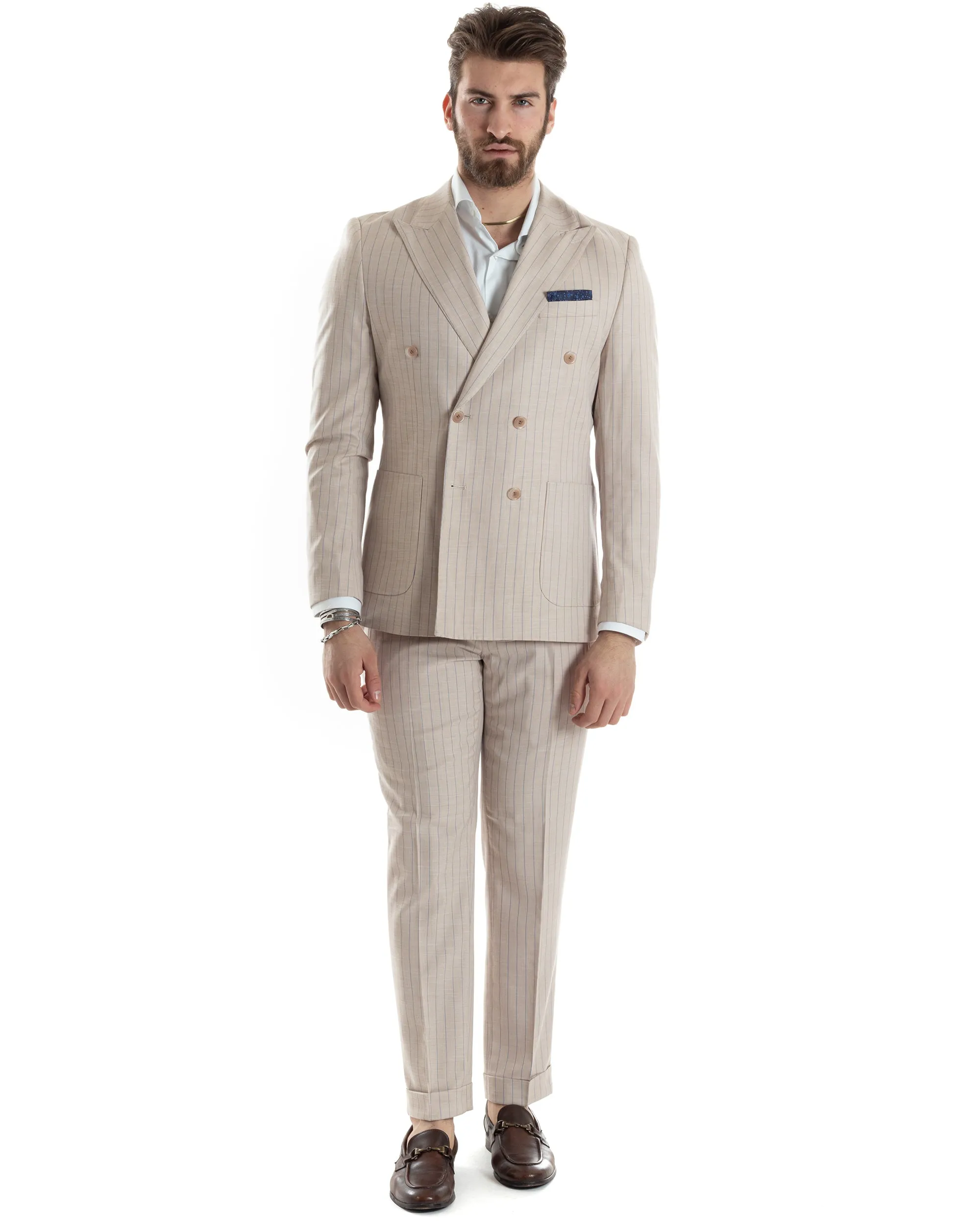 Abito Uomo Doppiopetto Vestito Completo Giacca Pantaloni Beige Gessato Elegante Casual GIOSAL-AE1025A