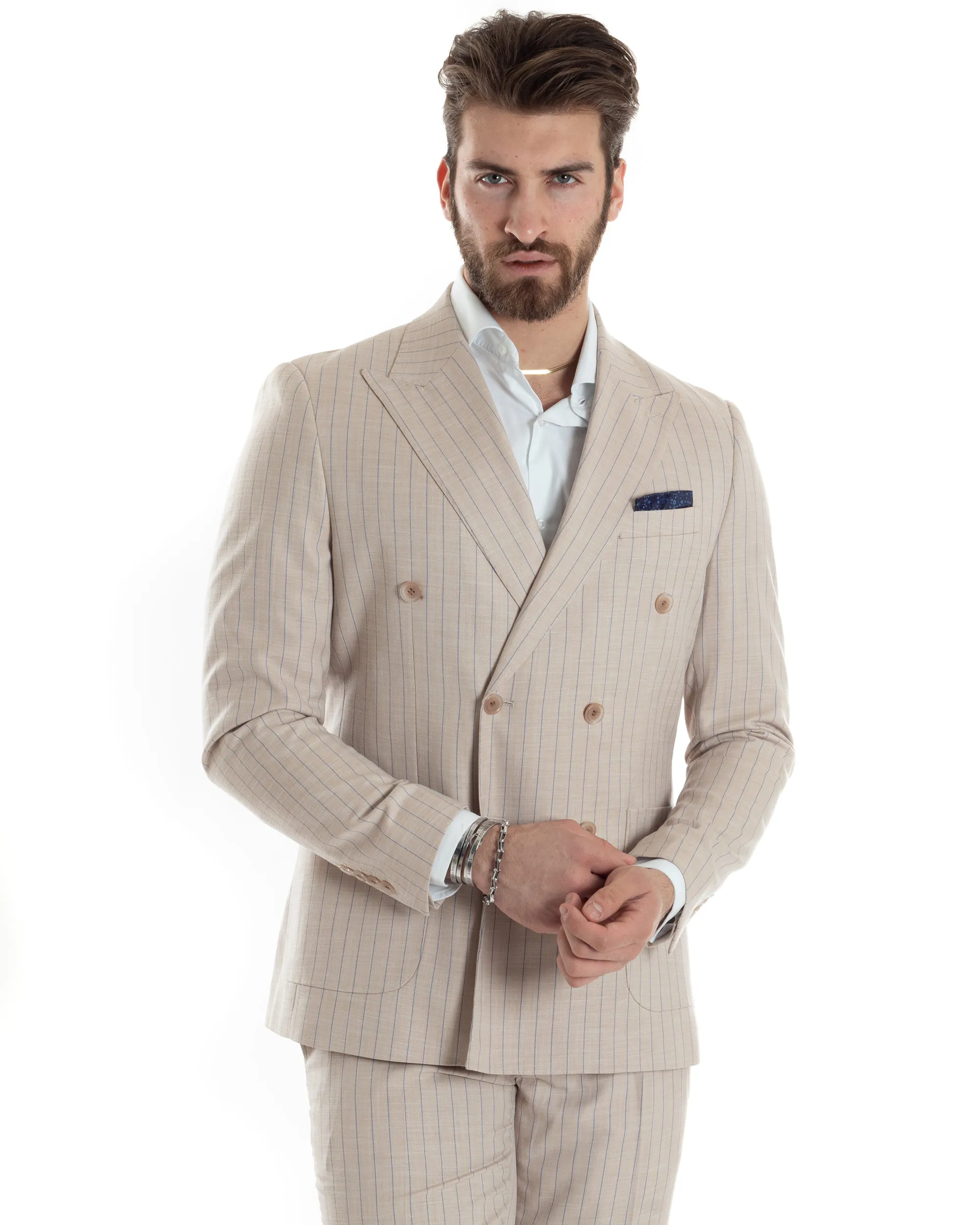 Abito Uomo Doppiopetto Vestito Completo Giacca Pantaloni Beige Gessato Elegante Casual GIOSAL-AE1025A
