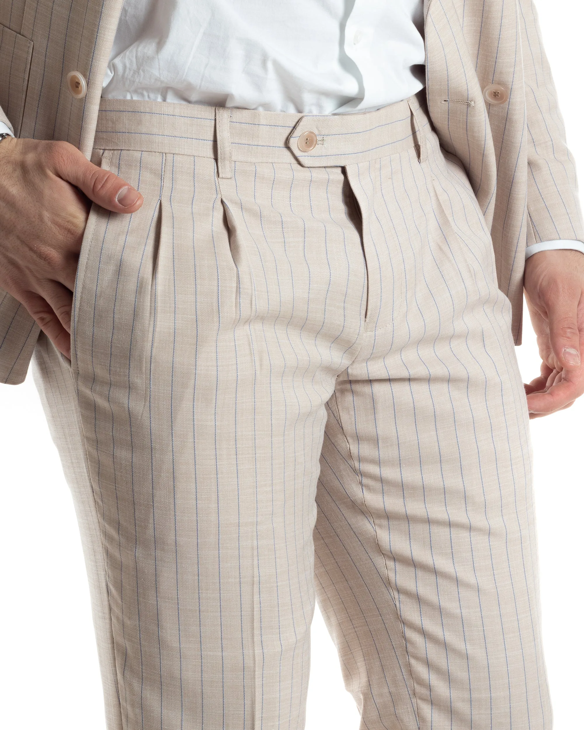 Abito Uomo Doppiopetto Vestito Completo Giacca Pantaloni Beige Gessato Elegante Casual GIOSAL-AE1025A