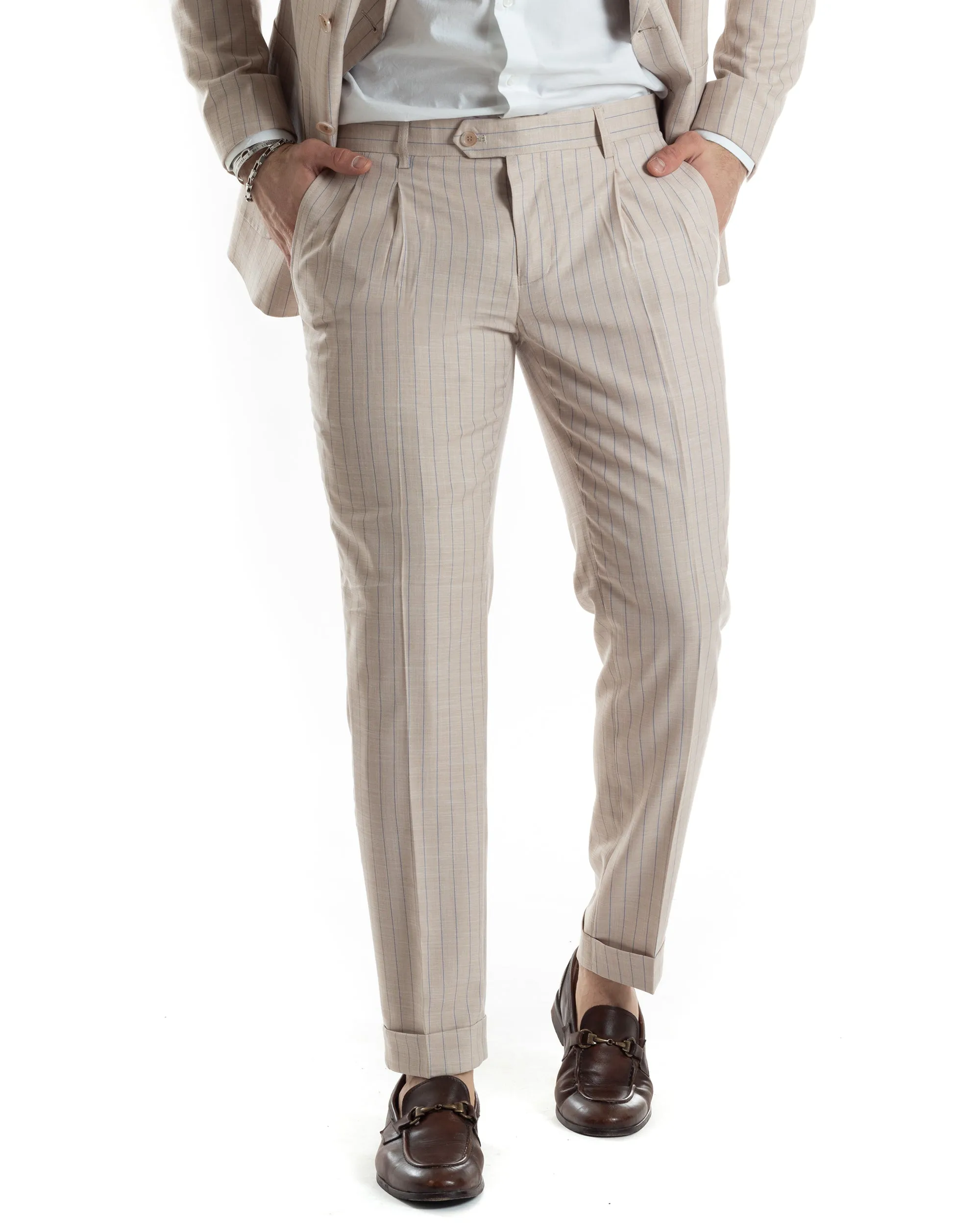 Abito Uomo Doppiopetto Vestito Completo Giacca Pantaloni Beige Gessato Elegante Casual GIOSAL-AE1025A