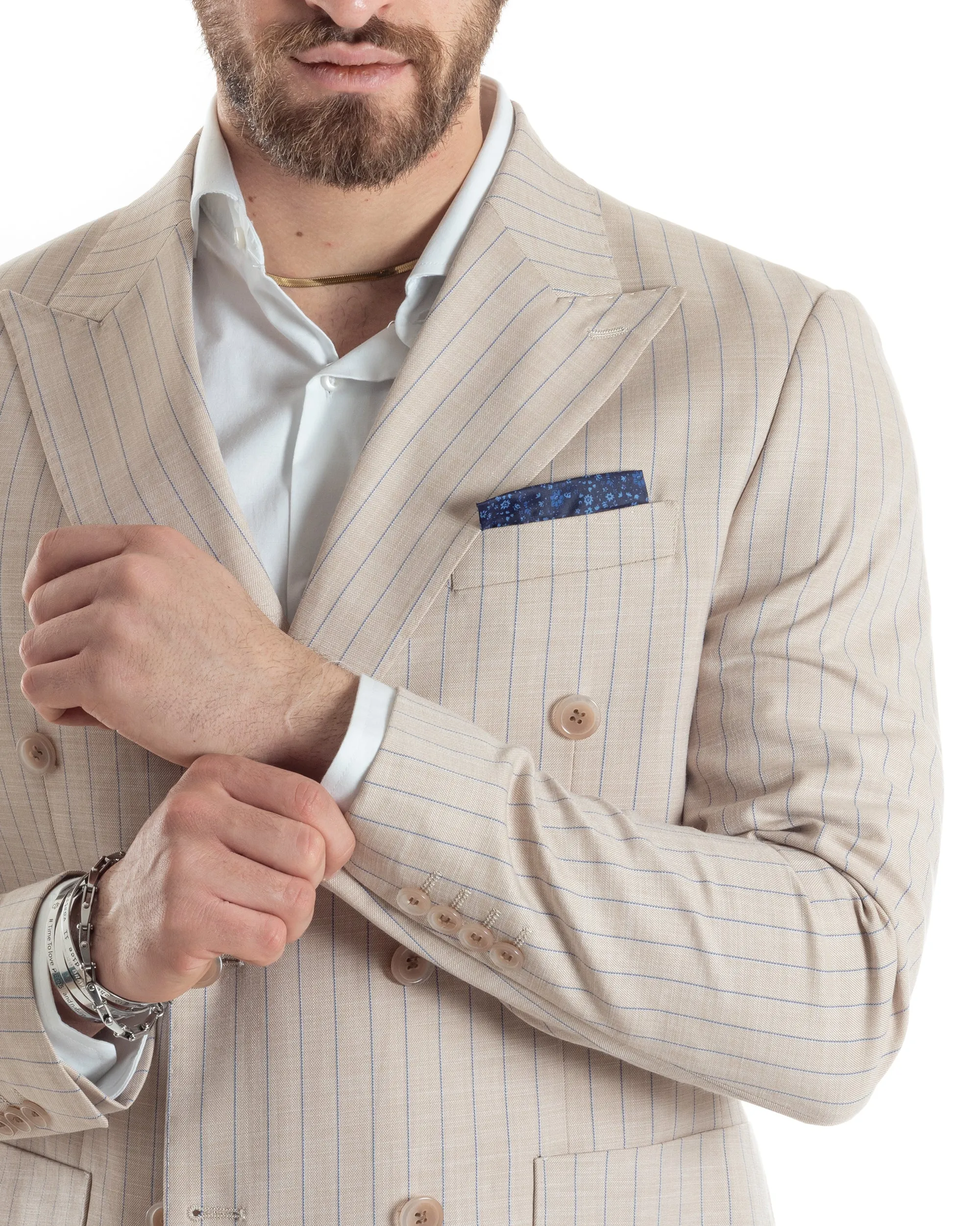 Abito Uomo Doppiopetto Vestito Completo Giacca Pantaloni Beige Gessato Elegante Casual GIOSAL-AE1025A
