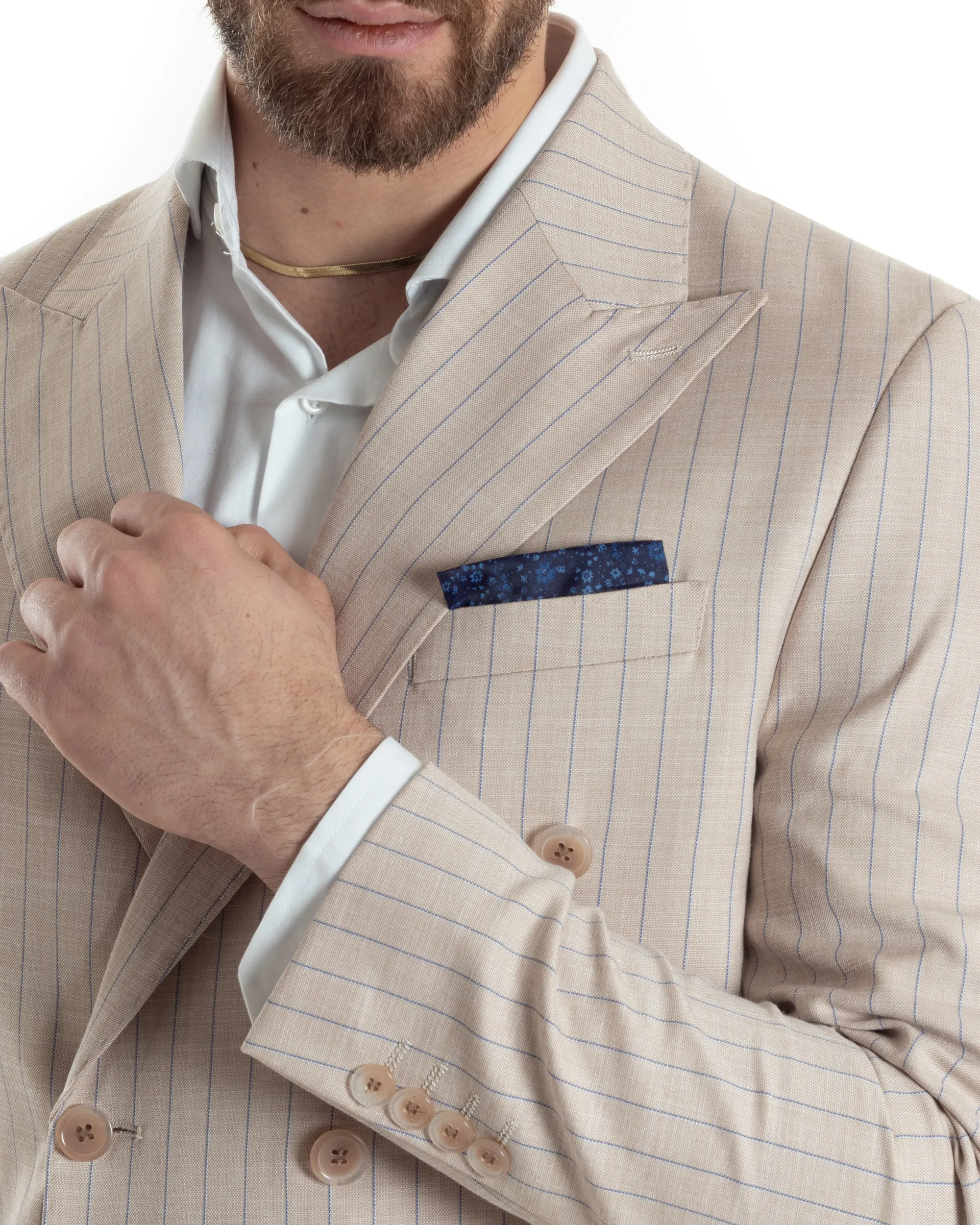 Abito Uomo Doppiopetto Vestito Completo Giacca Pantaloni Beige Gessato Elegante Casual GIOSAL-AE1025A