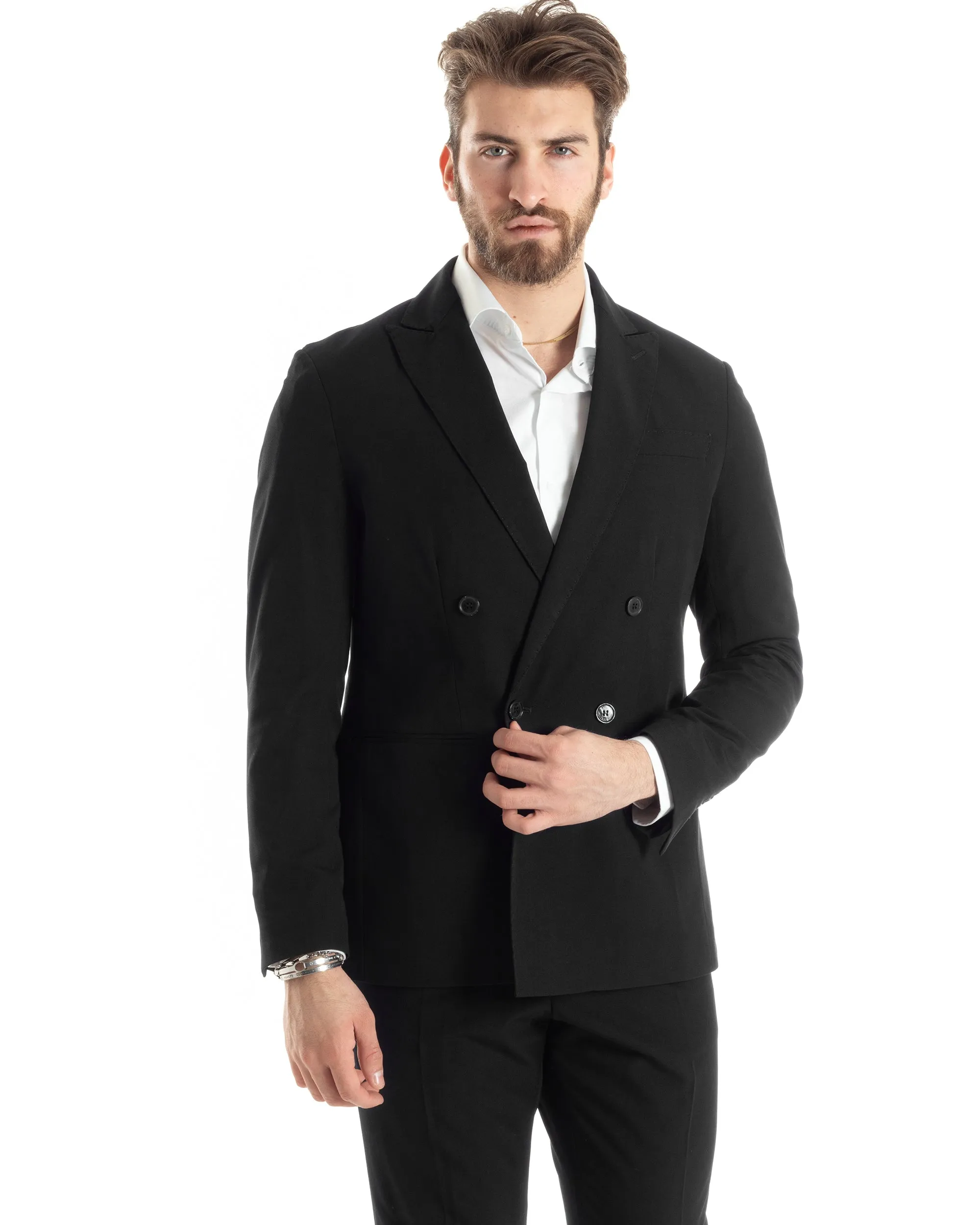 Abito Uomo Doppiopetto Vestito Completo Giacca Pantaloni Nero Tinta Unita Elegante Casual GIOSAL-AE1024A
