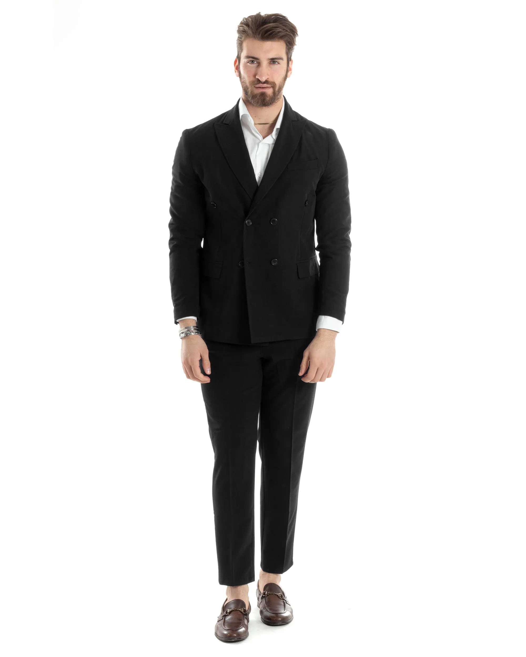 Abito Uomo Doppiopetto Vestito Completo Giacca Pantaloni Nero Tinta Unita Elegante Casual GIOSAL-AE1039A