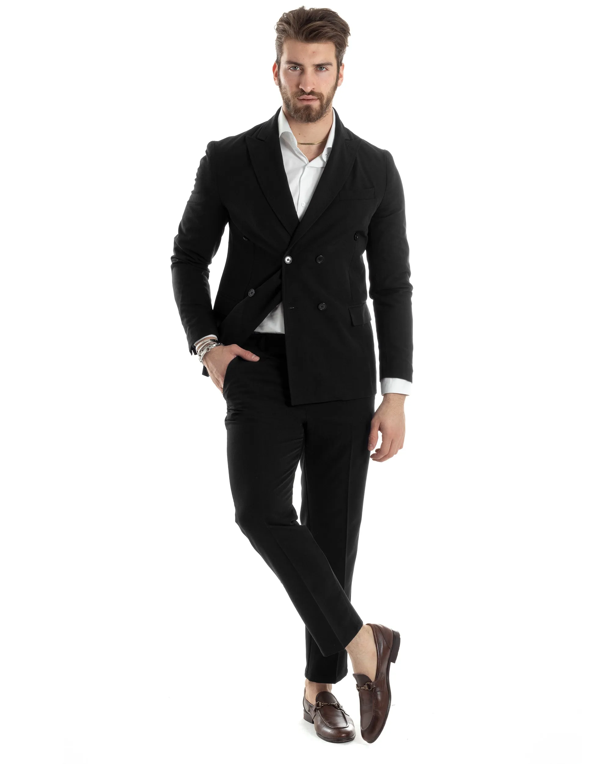 Abito Uomo Doppiopetto Vestito Completo Giacca Pantaloni Nero Tinta Unita Elegante Casual GIOSAL-AE1039A