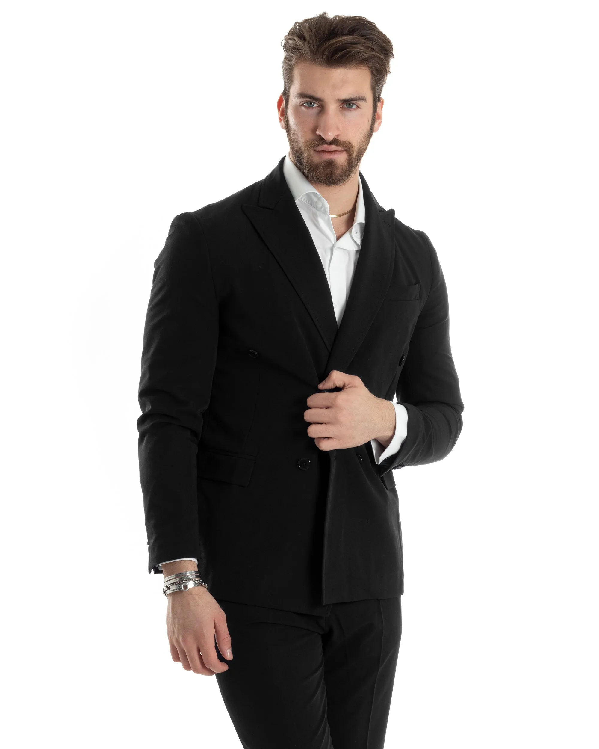 Abito Uomo Doppiopetto Vestito Completo Giacca Pantaloni Nero Tinta Unita Elegante Casual GIOSAL-AE1039A