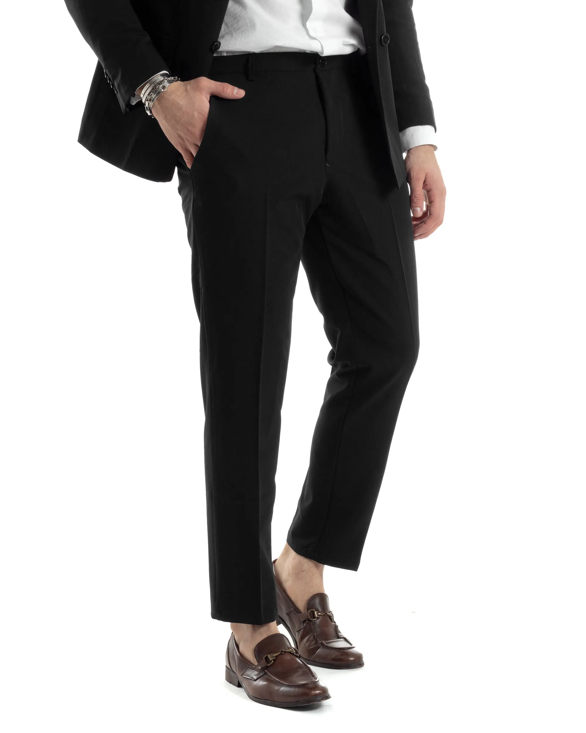 Abito Uomo Doppiopetto Vestito Completo Giacca Pantaloni Nero Tinta Unita Elegante Casual GIOSAL-AE1039A