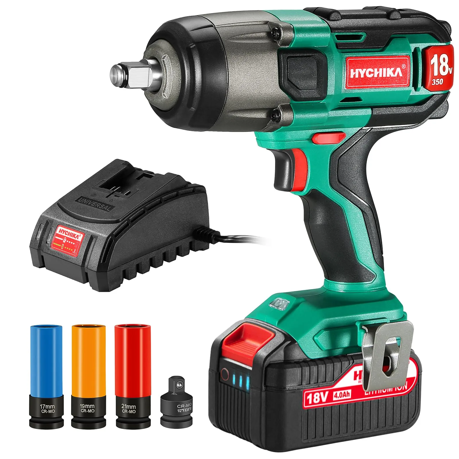 Avvitatore a Impulsi 18V, HYCHIKA 350Nm Avvitatori a Massa Battente 3000 IPM, 4.0Ah Batteria 18V, 3x Chiavi A Bussola per 17/19/