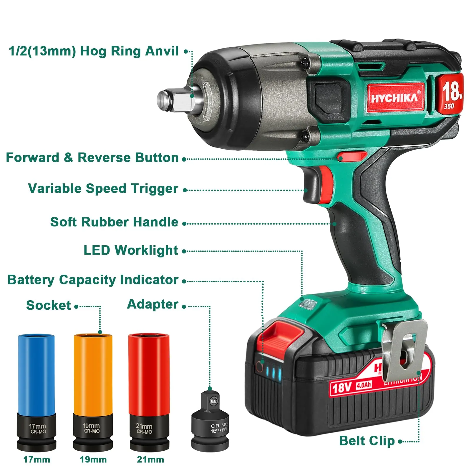 Avvitatore a Impulsi 18V, HYCHIKA 350Nm Avvitatori a Massa Battente 3000 IPM, 4.0Ah Batteria 18V, 3x Chiavi A Bussola per 17/19/