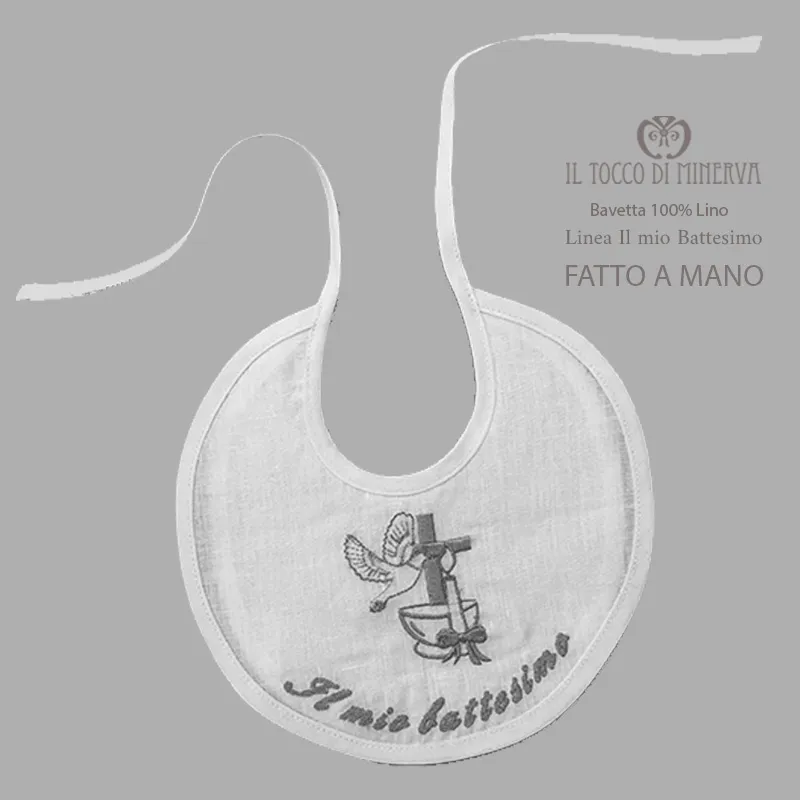 Bavetta neonato in lino bianco Linea Il mio battesimo - Fatto a mano