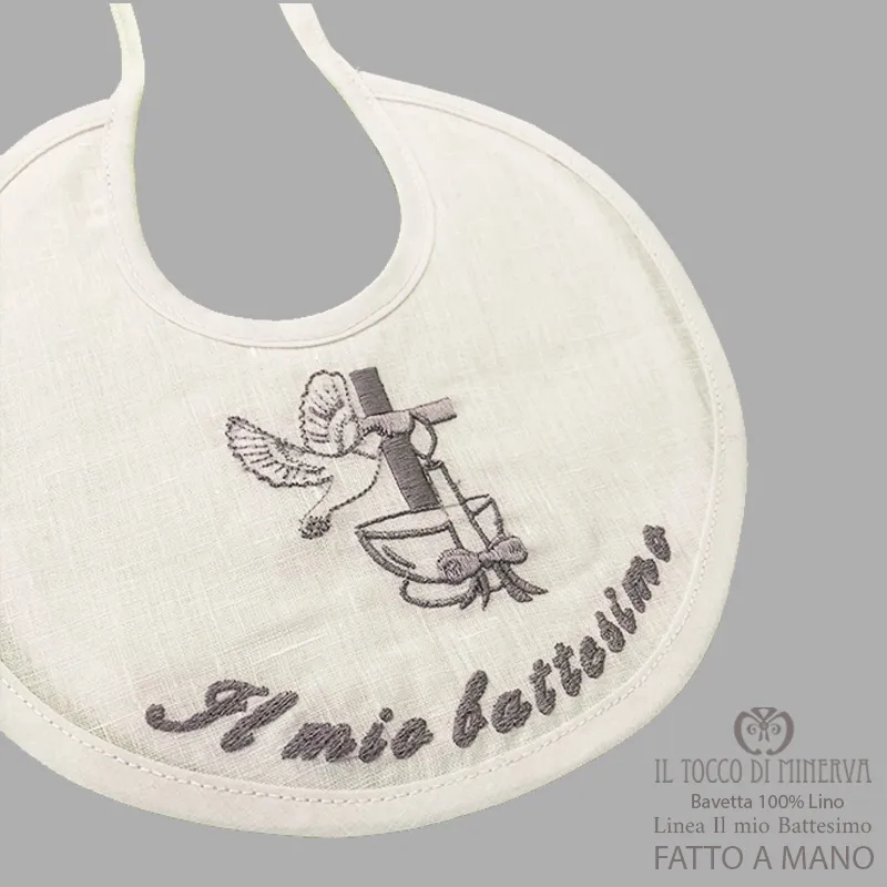 Bavetta neonato in lino bianco Linea Il mio battesimo - Fatto a mano