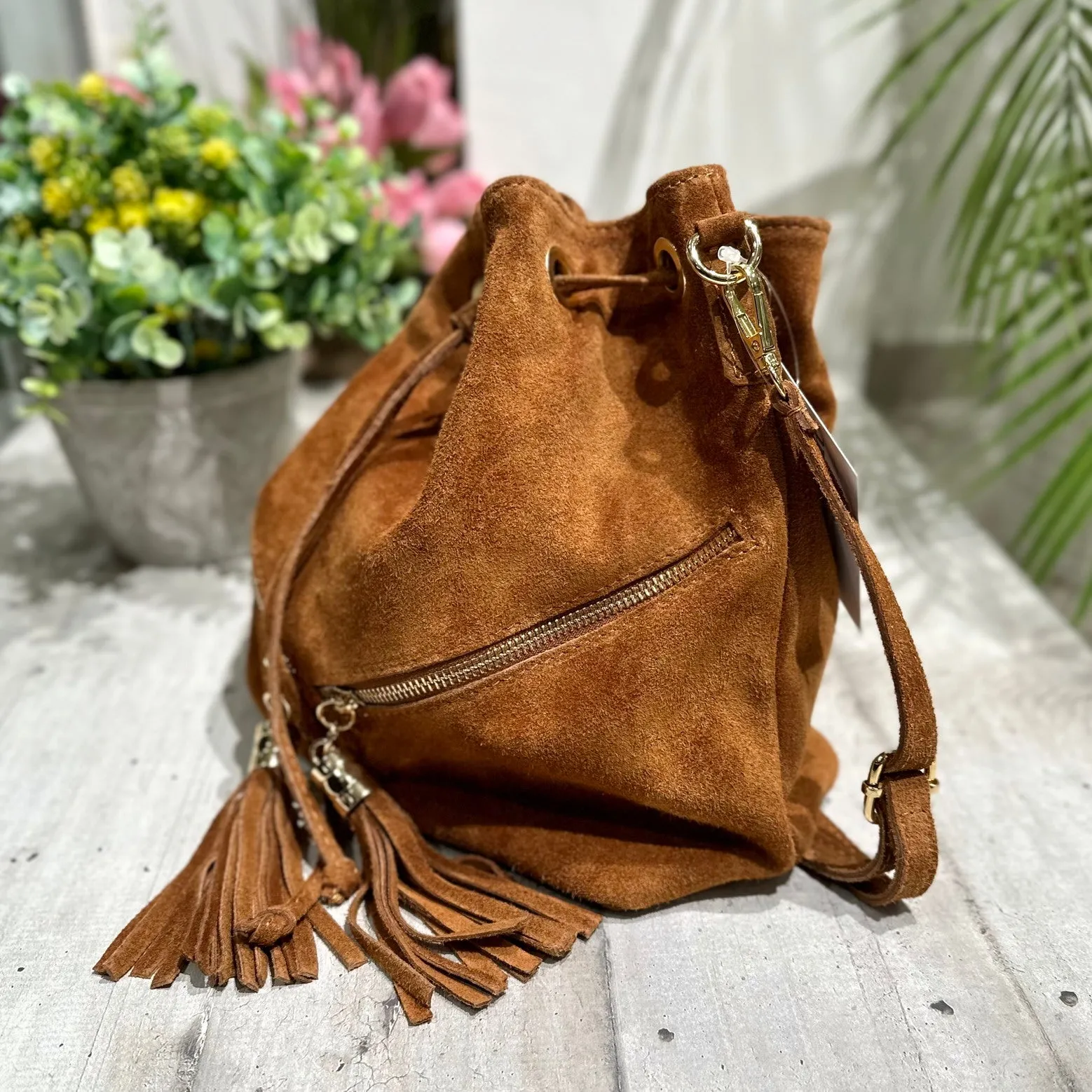 Borsa a Secchiello con Nappine Cuoio in Pelle Scamosciata Doppia Zip