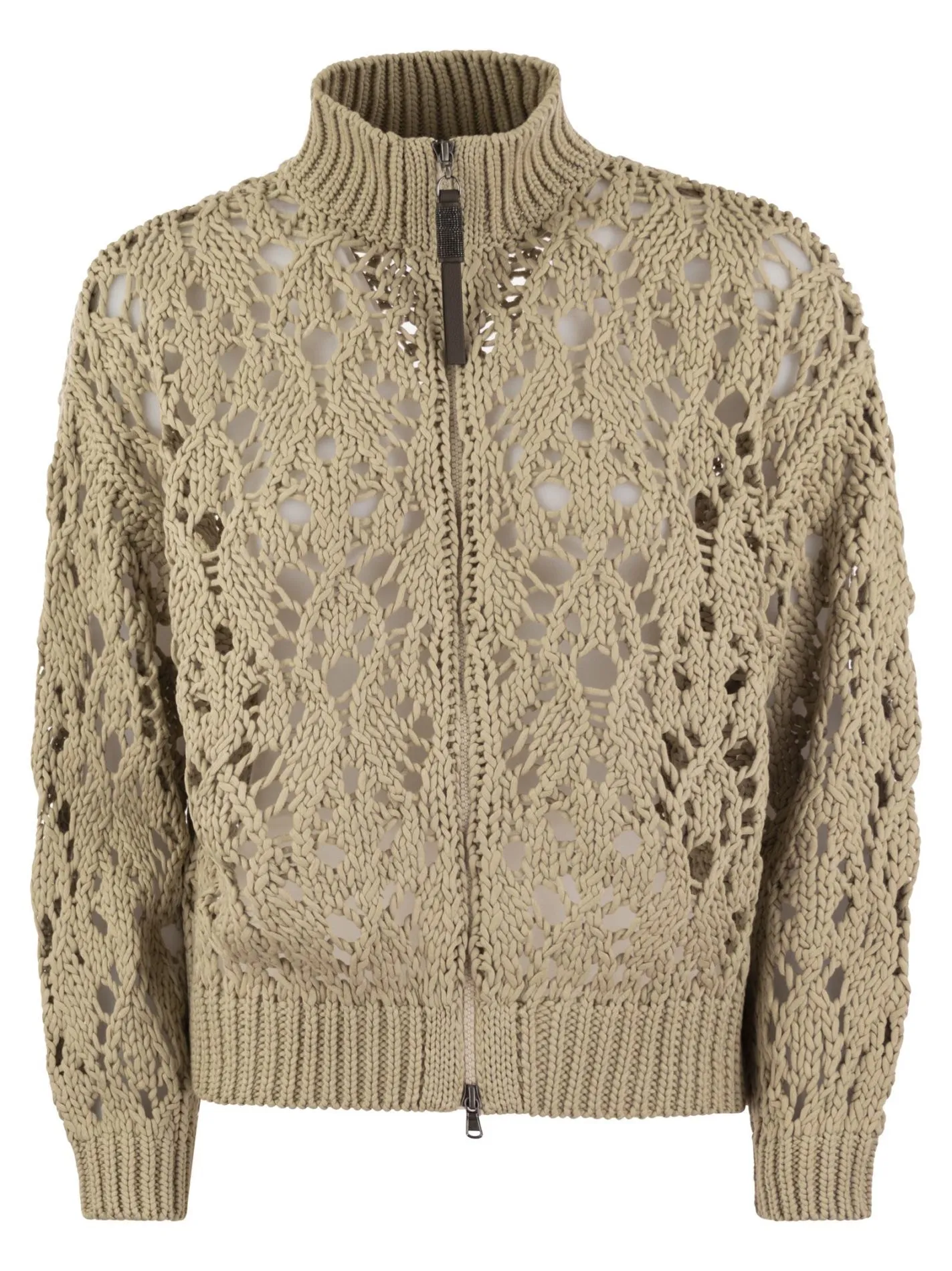 Cardigan Lace Stitch in cotone Soft Piuma con Precious Zipper Pull