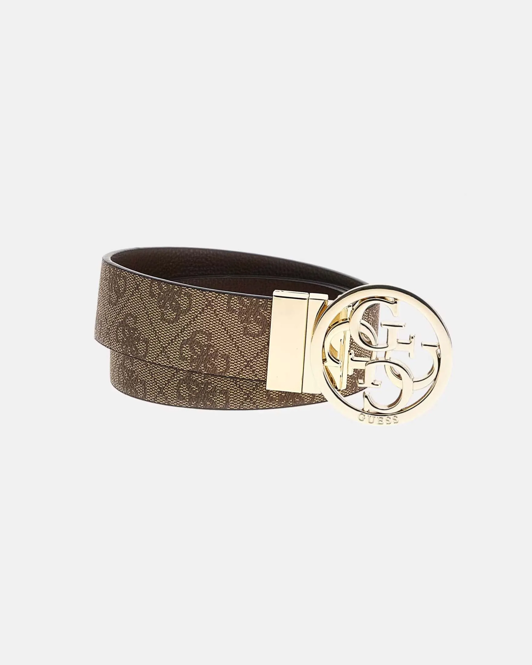 Cintura in pelle testa di moro reversibile in similpelle beige a motivo monogram con fibbia logo in metallo tonda