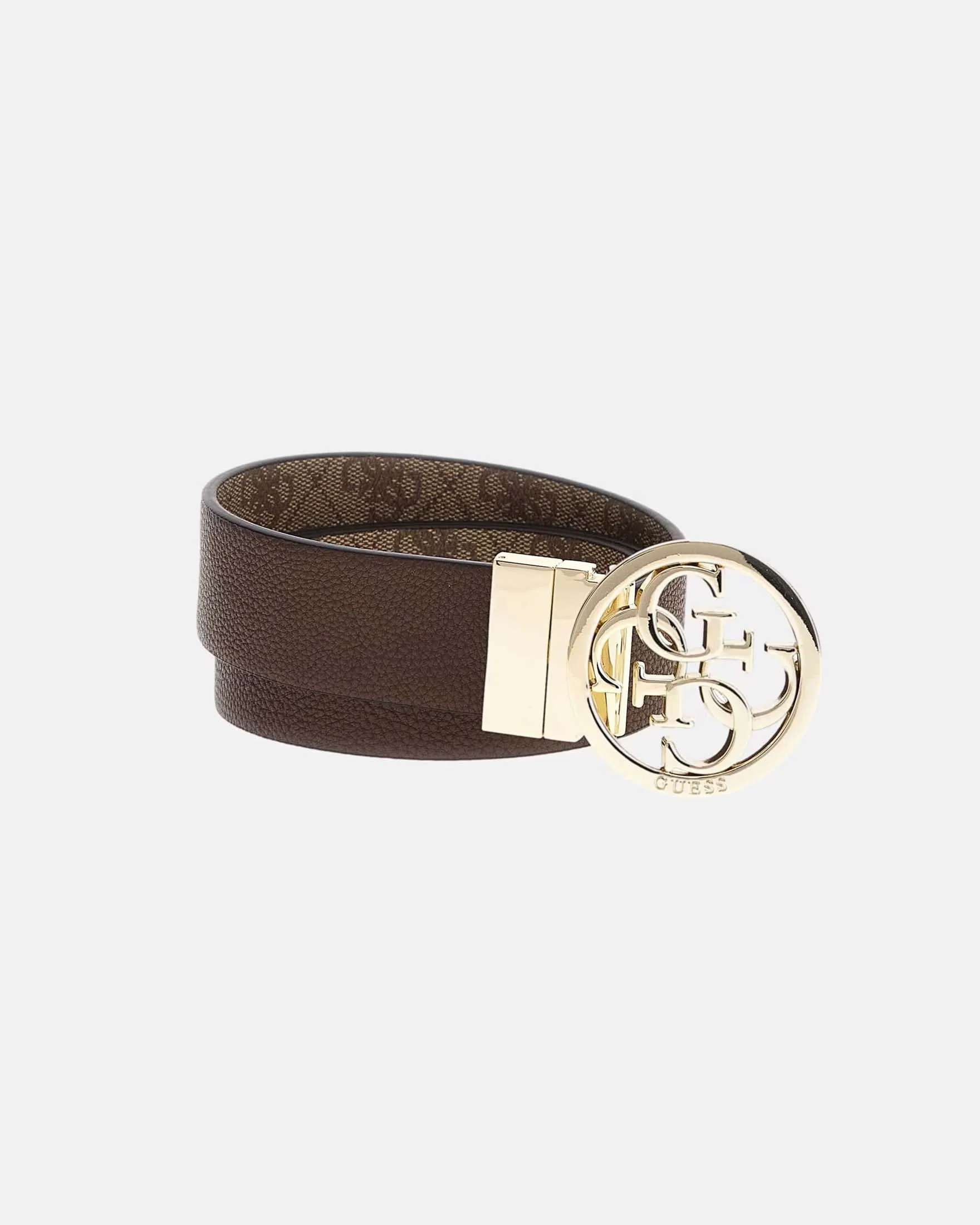 Cintura in pelle testa di moro reversibile in similpelle beige a motivo monogram con fibbia logo in metallo tonda