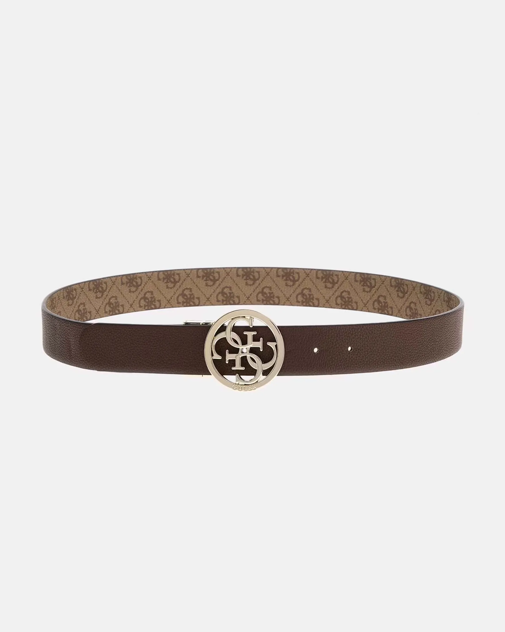 Cintura in pelle testa di moro reversibile in similpelle beige a motivo monogram con fibbia logo in metallo tonda