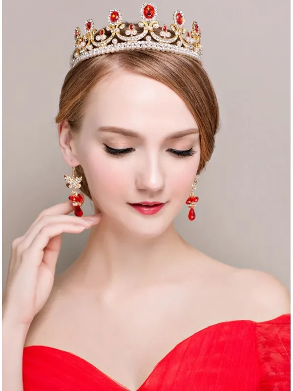 Completo per Sposa di Tiara e Orecchini rosso e oro