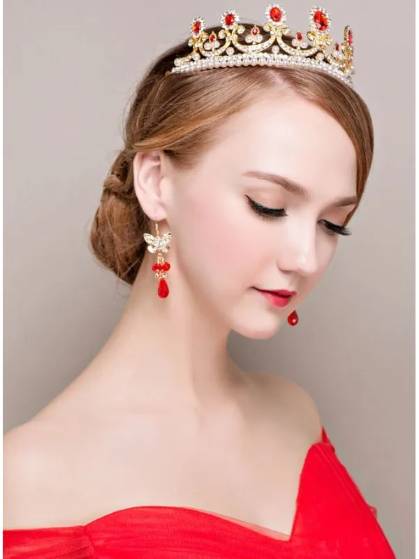 Completo per Sposa di Tiara e Orecchini rosso e oro