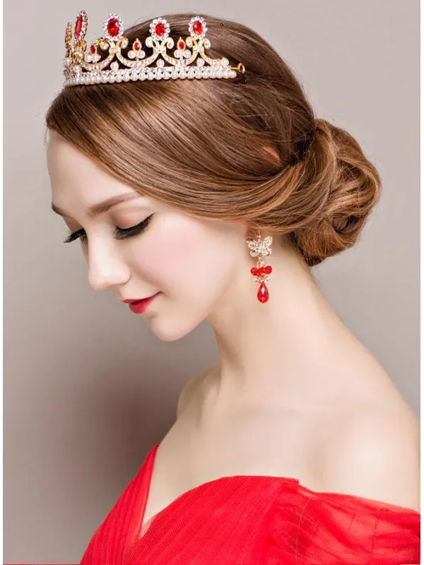 Completo per Sposa di Tiara e Orecchini rosso e oro