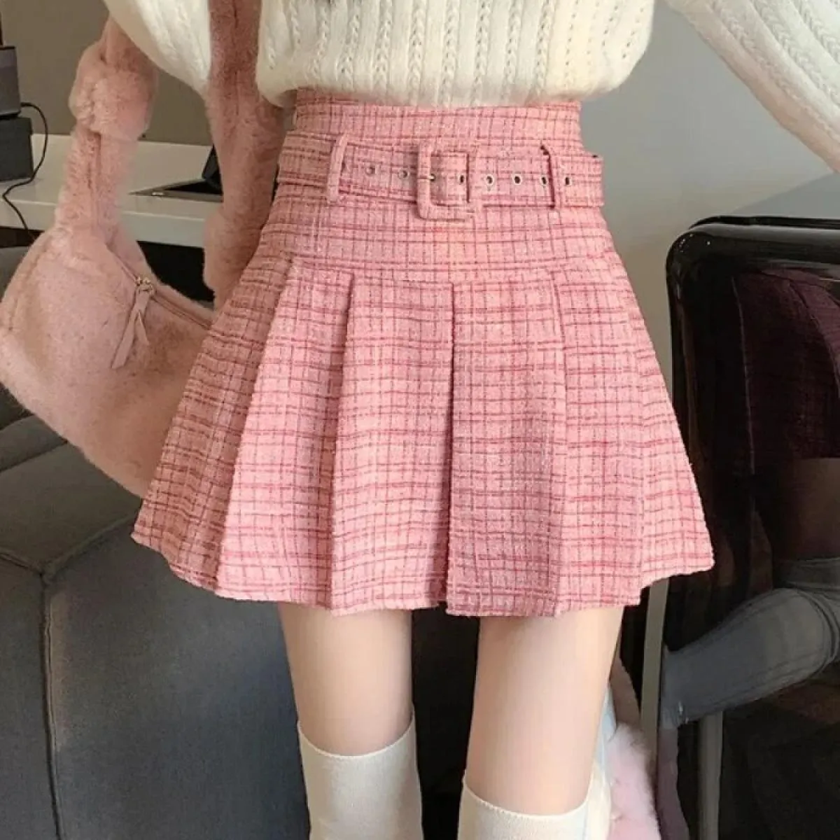 Gonne di tweed rosa per le donne Gonne sottili a vita alta solide Autunno Primavera 2023 Minigonna di lana di tweed doppio petto