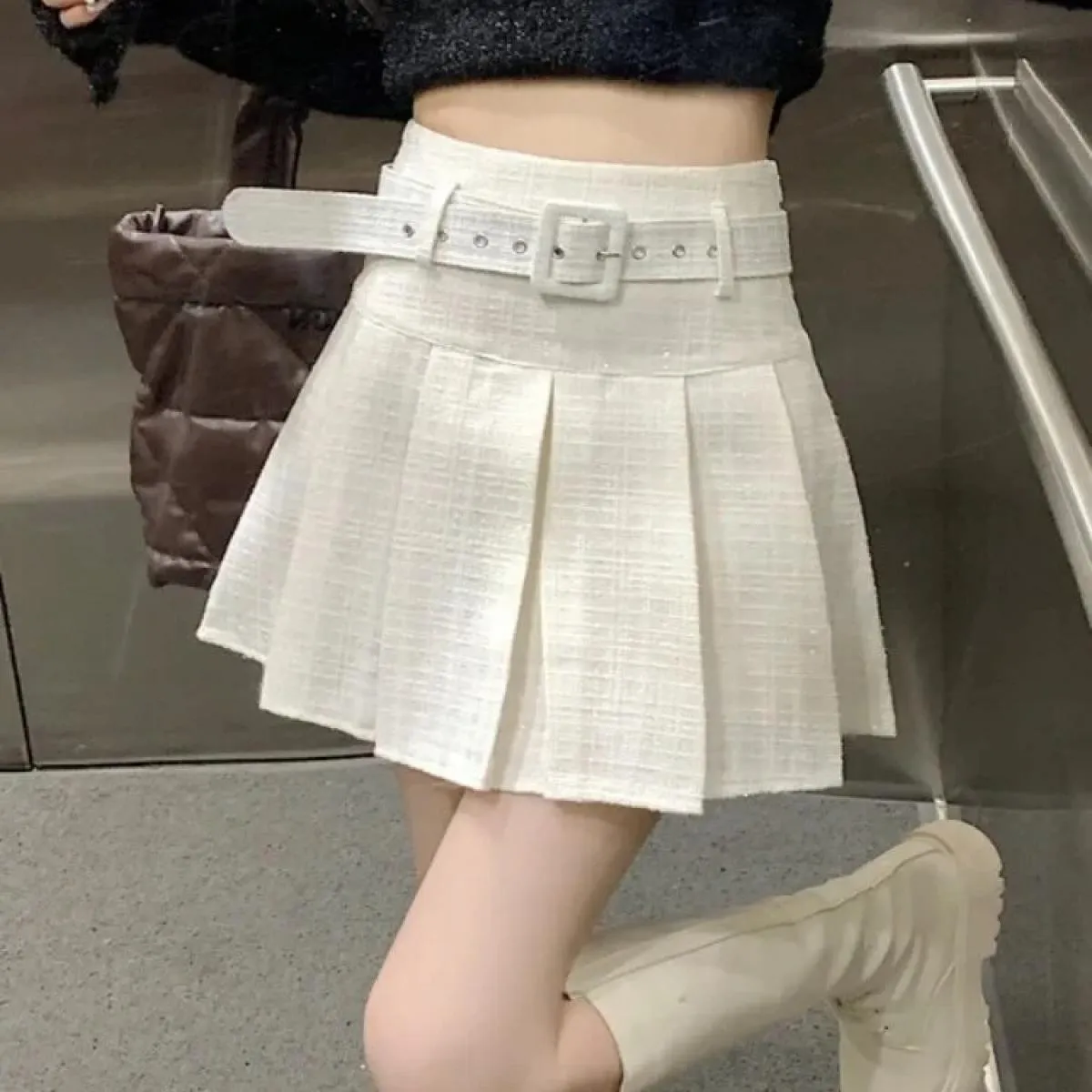 Gonne di tweed rosa per le donne Gonne sottili a vita alta solide Autunno Primavera 2023 Minigonna di lana di tweed doppio petto