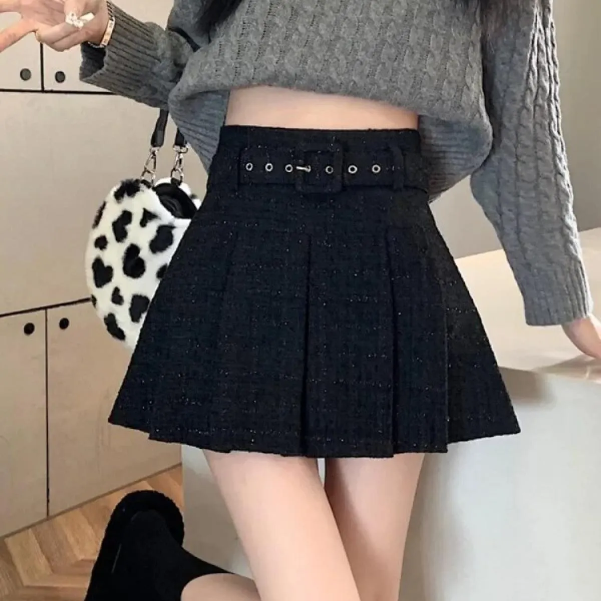 Gonne di tweed rosa per le donne Gonne sottili a vita alta solide Autunno Primavera 2023 Minigonna di lana di tweed doppio petto