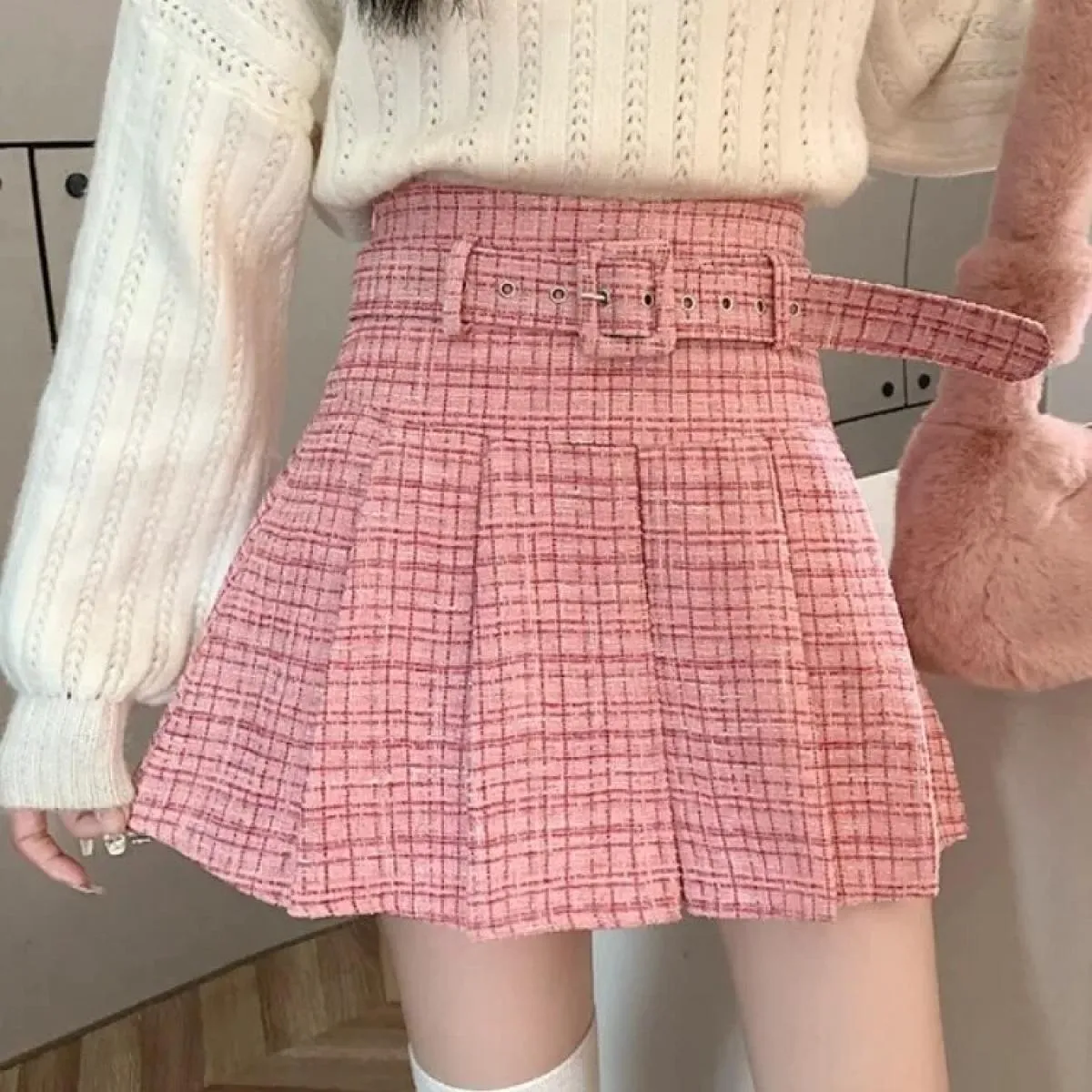 Gonne di tweed rosa per le donne Gonne sottili a vita alta solide Autunno Primavera 2023 Minigonna di lana di tweed doppio petto
