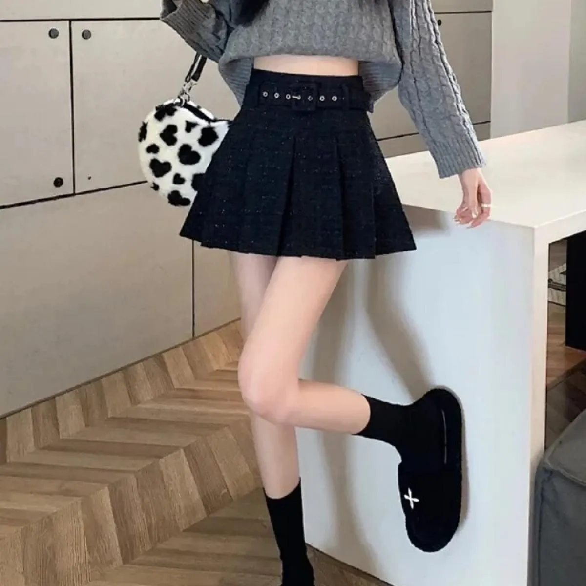 Gonne di tweed rosa per le donne Gonne sottili a vita alta solide Autunno Primavera 2023 Minigonna di lana di tweed doppio petto