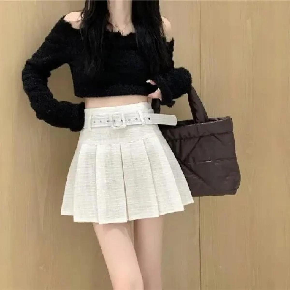Gonne di tweed rosa per le donne Gonne sottili a vita alta solide Autunno Primavera 2023 Minigonna di lana di tweed doppio petto