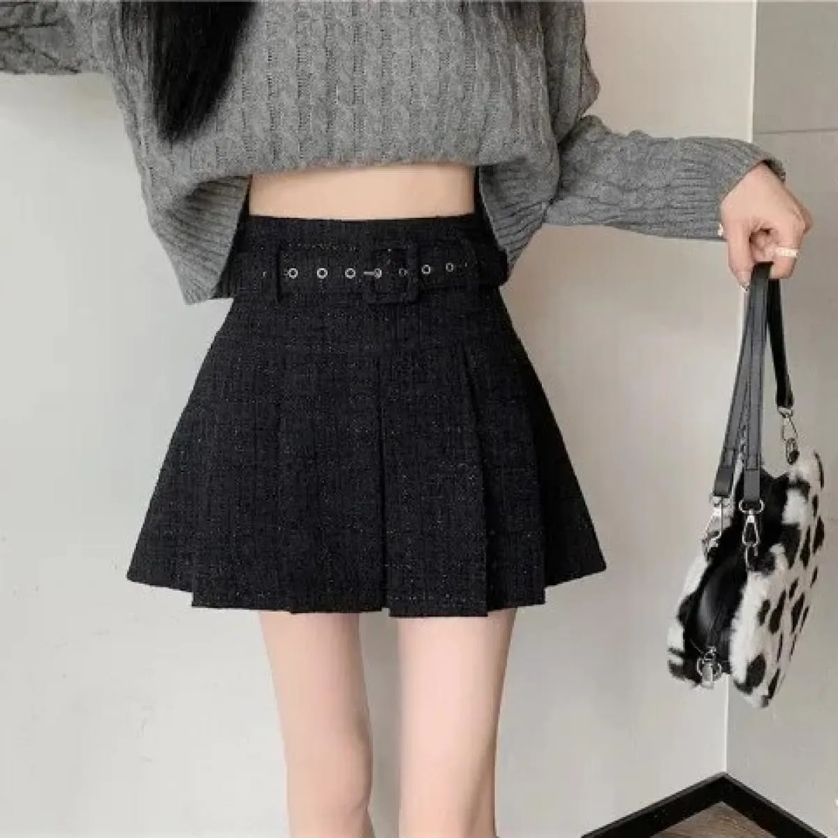 Gonne di tweed rosa per le donne Gonne sottili a vita alta solide Autunno Primavera 2023 Minigonna di lana di tweed doppio petto
